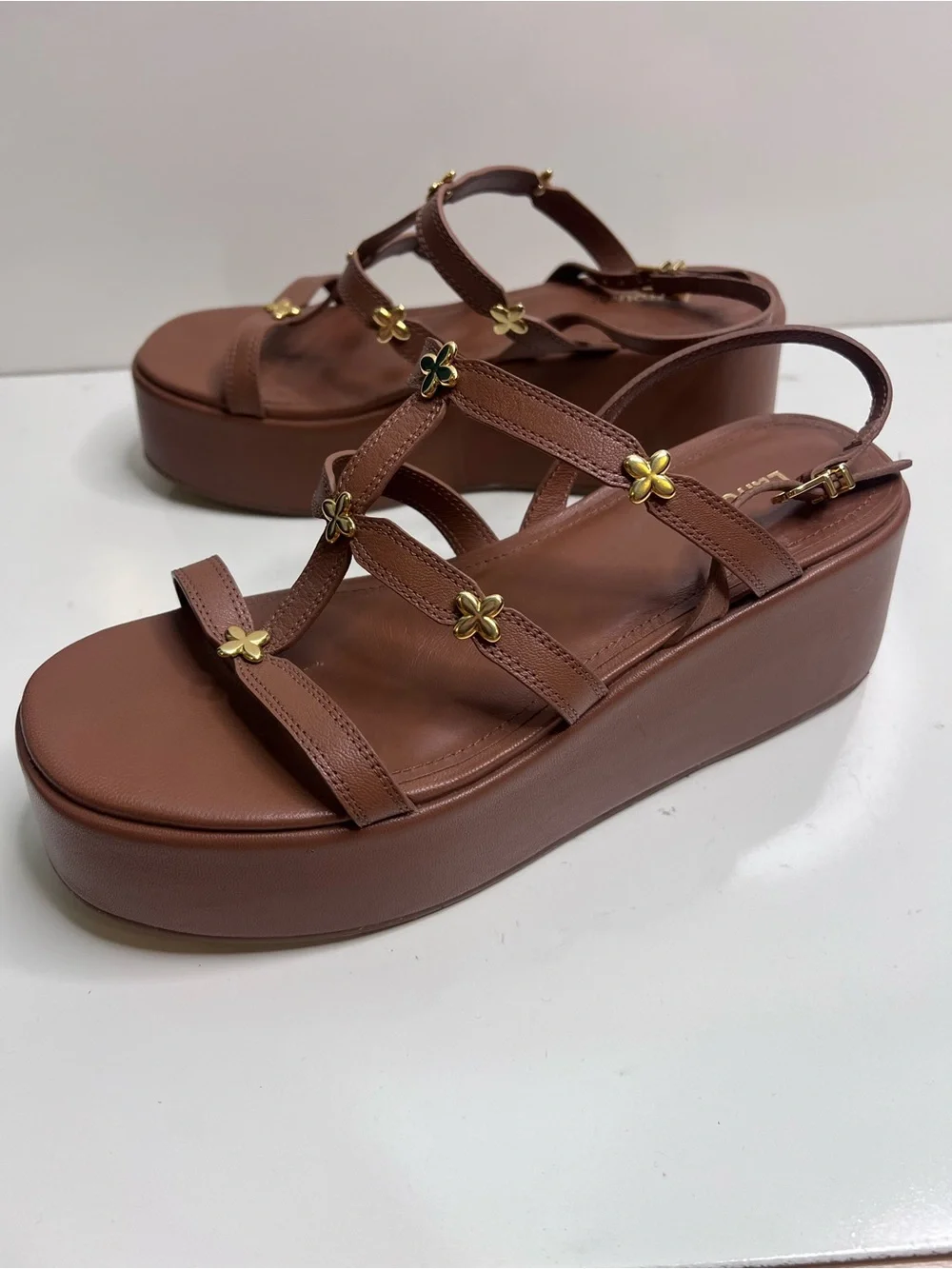 LARROUDE Harmony Platform Strappy Sandal with Gold Flower Accents Brown 8.5